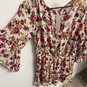 American Eagle Outfitters Cream Red Ruffled Wrap Blouse